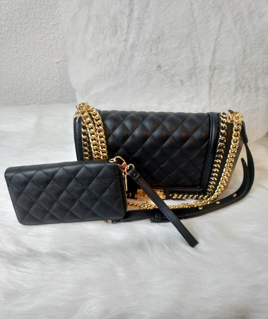 Black Chain Patterned Crossbody Bag with Matching Wallet