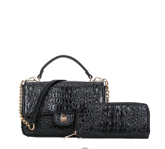 Black Top Handle Medium Flap Shoulder Bag Wallet Set