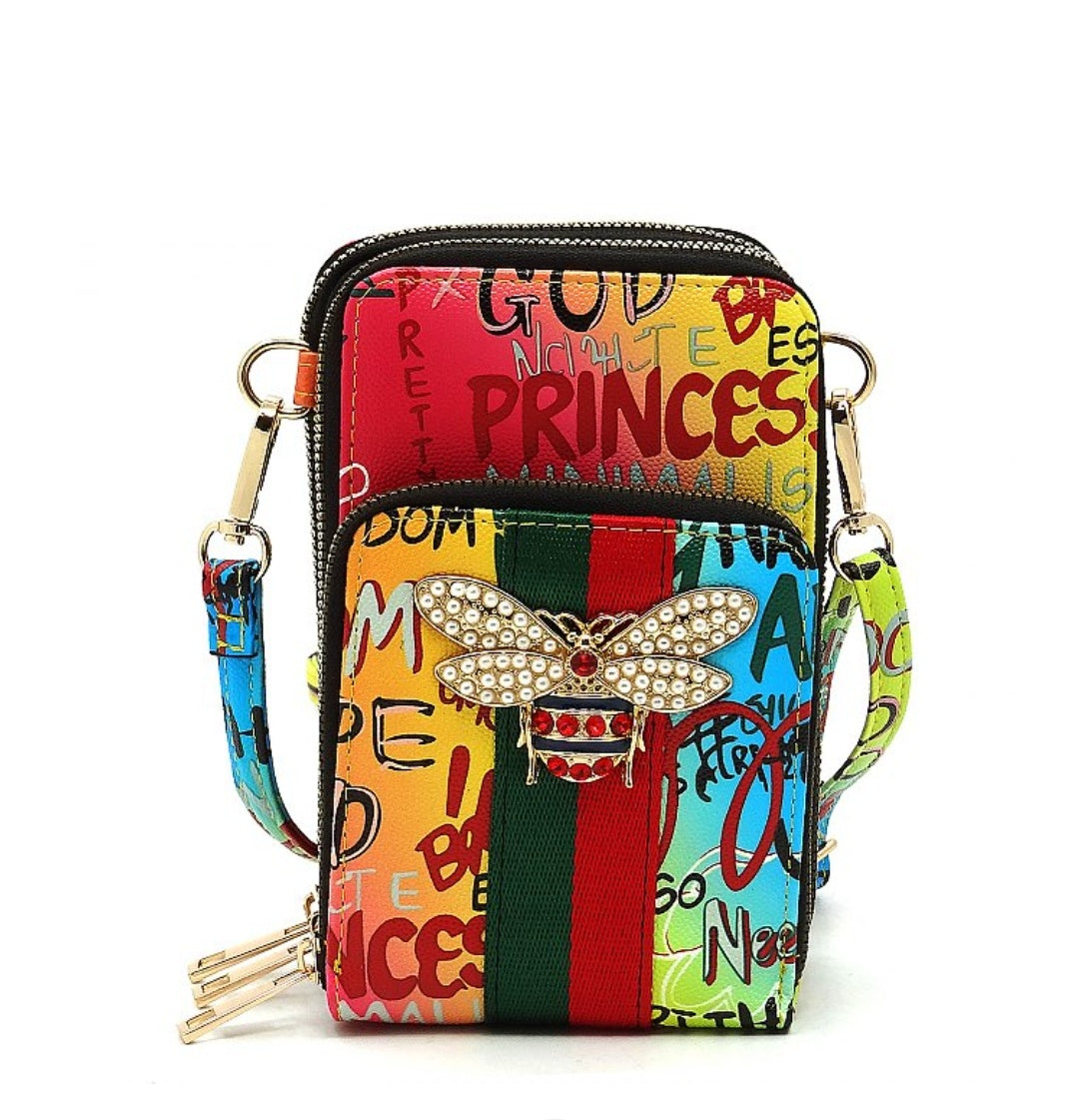 Bee Accent Blue/Fuchsia Multi Graffiti Cell Phone & Crossbody Bag