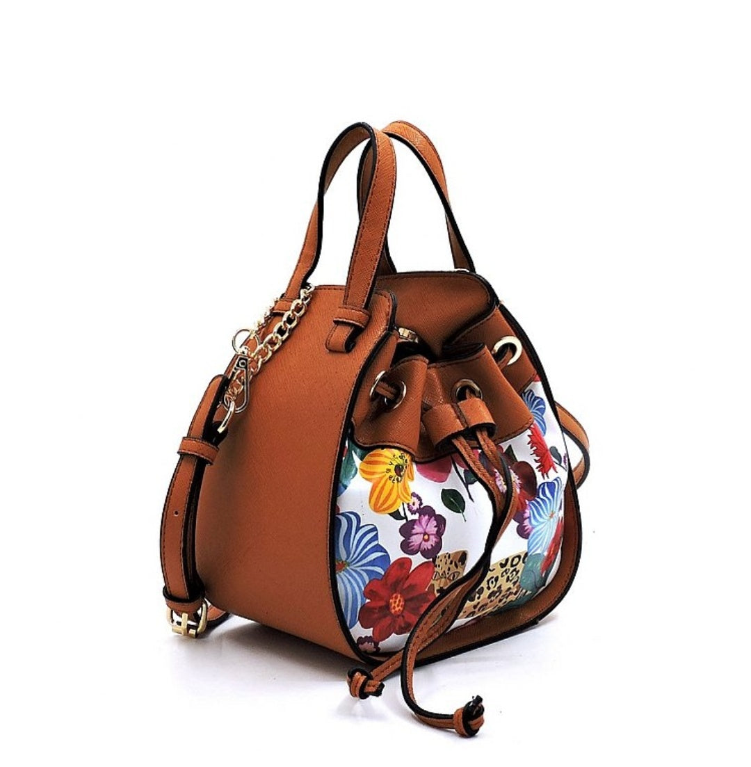 Tan Flower Drawstring Satchel Tote Bag