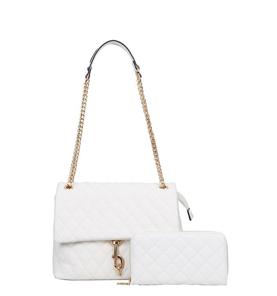 2 in 1 White Quilted Shoulder Bag Set