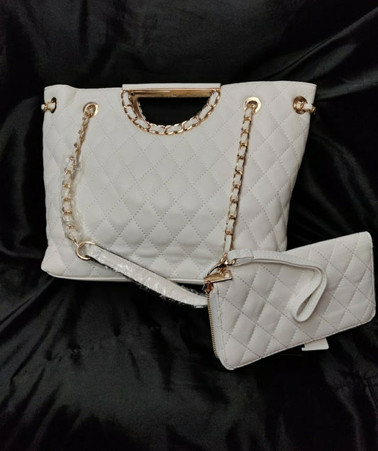 Soft Quilted White Vegan Leather Handbag with Matching Wallet
